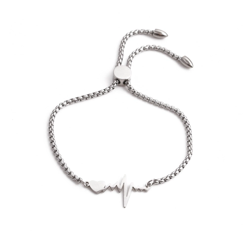 Pulsera De Corazon Latido ECG Titanio Acero Inoxidable Ajustable Hebilla Deslizante Cadena De Eslabones Joyeria