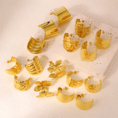 Boucles D'oreilles Acier Inoxydable Plaquage Or Fleur Feuille Géométrique Forme C Créoles Imperméable Hypoallergénique Bijoux