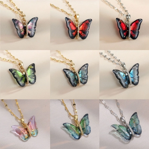 Collana Con Ciondolo A Farfalla Acciaio Inossidabile Rame Gradiente Colorato Resina Intarsiata Con Strass Elegante Donne