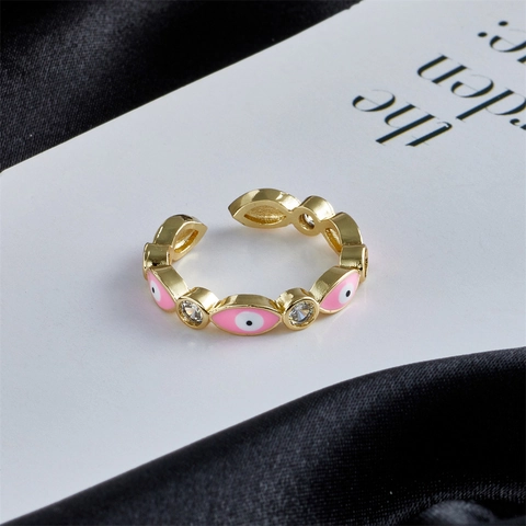 Evil Eye Verstellbarer Offener Ring Kupfer 18K Vergoldet Emaille Zirkonia Modeschmuck Für Damen