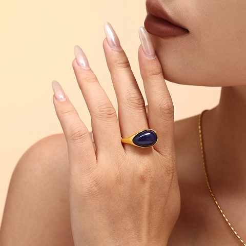 Vintage Titanium Steel Open Ring For Women Dark Blue Resin Water Drop Adjustable Gold Plated Minimalist Fashion Finger Ring