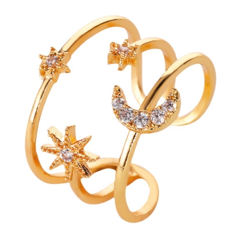 Hollow Drei-Schicht Stern Mond Offene Ringe Kupfer Zirkonia Verstellbar Mode Himmlischer Schmuck Für Damen