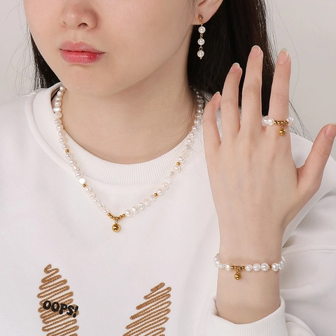 Joyas Elegantes De Perlas De Agua Dulce Para Mujeres Collar Pulsera Anillo Elástico Pendientes Colgantes De Acero Inoxidable