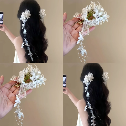 Molletta Per Capelli A Fiore Con Fiocco In Pizzo E Nappe Di Künstliche Perle Sintetiche Clip A Becco D'anatra Accessorio Capelli Elegante Donna