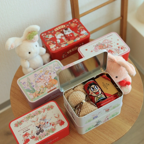 Christmas Tinplate Gift Box Rectangular Metal Storage Case With Flip Top Lid Cartoon Bunny Wedding Party Candy Cookie Packaging