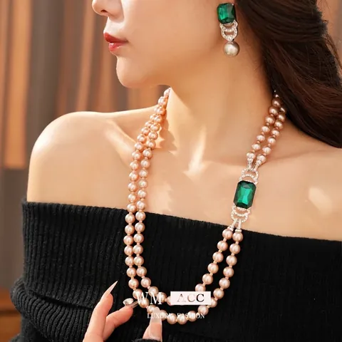 Vintage Double Layer Artificial Pearl Necklace Earrings Emerald Green Gemstone Rhinestone Silver Earring Post For Women Luxury