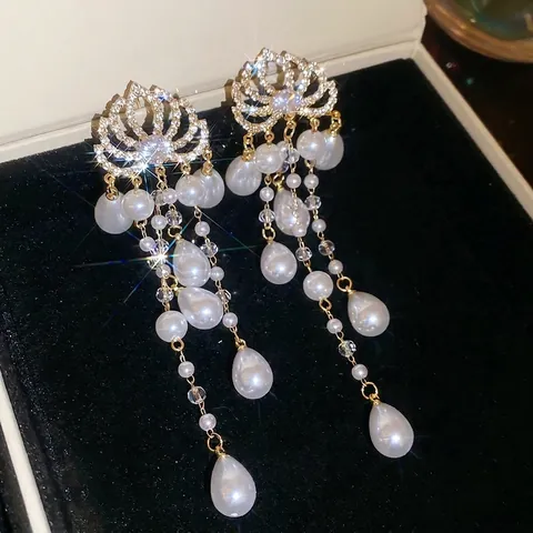 Boucles D'oreilles Pendantes À Longues Franges Style Palais Vintage Avec Künstliche Perles Goutte D'eau Strass Et Tige En Argent Pour Femmes