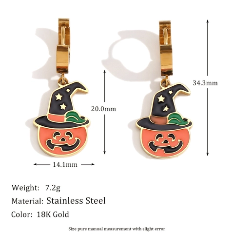 Halloween Pumpkin Witch Hat Drop Earrings Stainless Steel 18K Gold Plated Enamel Cartoon Fashion Jewelry For Women