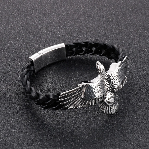Men's Eagle Stainless Steel And Braided Cowhide Leather Bracelet Retro Punk Style Jewelry
