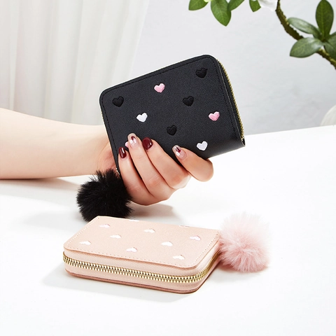 Women Mini Wallet Heart Embroidery PU Leather Zip Around Card Holder Coin Purse With Pompom Pendant Macaron Colors