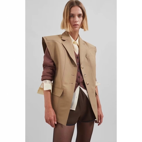 Damen Ärmelloser Blazer Weste Khaki Polyester Knopfleiste Revers Büro Dame Lässig Weste