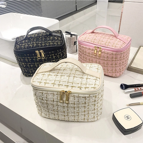 Large Capacity Tweed Cosmetic Bag Travel Toiletry Organizer Handheld Makeup Pouch With Double Zipper And Mesh Pocket