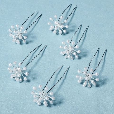 Bastoncini per Capelli a Forma di U Color Argento Con Decorazione Floreale in Künstliche Perle d'Imitazione Bianche Forcine Sposa Donna Elegante