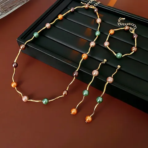 Collana Bracciale Orecchini Künstliche Perle Imitazione Colorate Lega Dorata Accessori Moda Eleganti Regolabili Per Donne