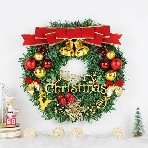 Christmas Wreath Faux Pine Needle With LED Lights Reindeer Red Bows Balls Gold Bells Decoration For Door Wall Window