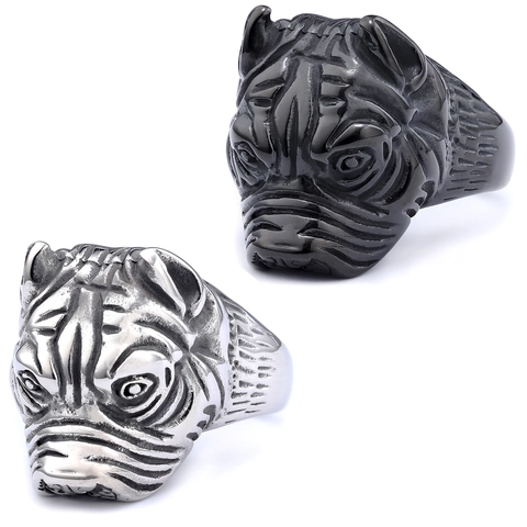 Anello Testa Di Bulldog Acciaio Inossidabile Punk Gothic Forma Animale Gioielli Biker Unisex Accessorio Intagliato