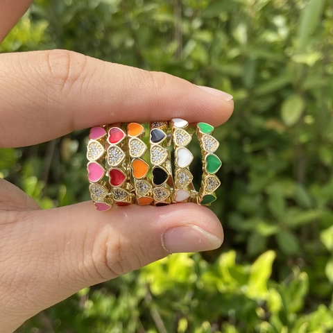 Verstellbarer Herz Offener Ring Vergoldetes Kupfer Bunte Emaille Zirkonia Retro Schmuck Für Damen