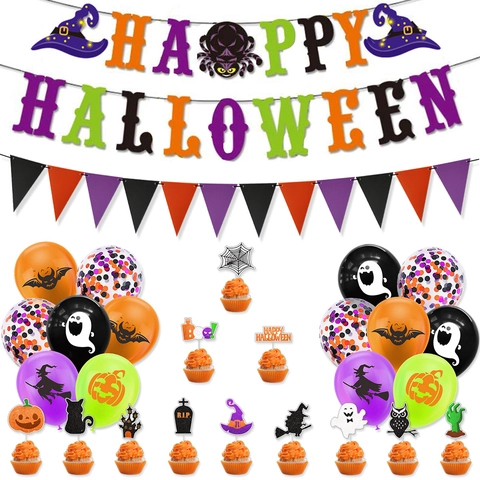 Halloween Party Decoration Set Happy Halloween Banner Triangular Pennant Flag Cake Topper Latex Balloons Festive Supplies