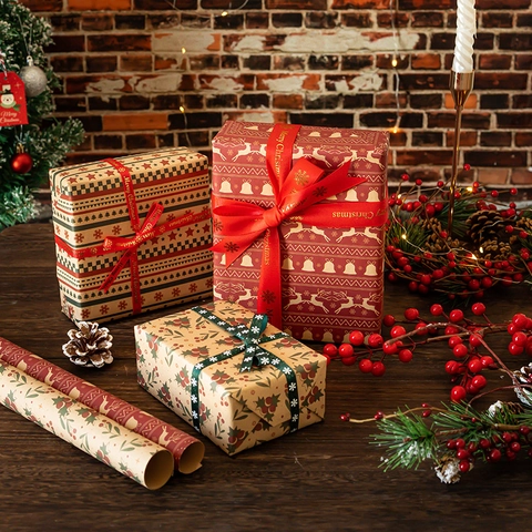 Christmas Gift Wrapping Paper Kraft Retro Thick Holiday Present Packaging Reindeer Tree Snowflake Pattern Star Style
