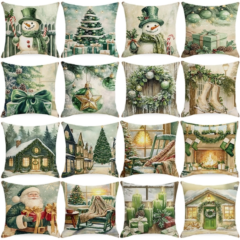 Weihnachtskissenbezug Leinen Aquarell Waldgrün Schneemann Illustration Für Sofa Couch Urlaub Home Dekor