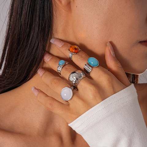 Bohemian Vintage Rings Resin Colorful Cabochon Geometric Round Oval Adjustable Open Hammered Chunky Metal Jewelry For Women