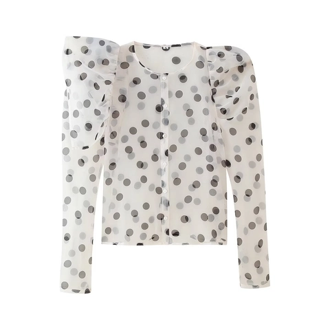 Polka Dot Transparente Organza Bluse Damen Puffärmel Langarm Elegant Retro Mesh Oberteil Rüschen Shirt