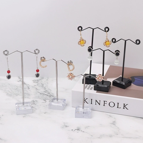 Earring Display Stand Metal T-Shape Jewelry Rack With Acrylic Base Desktop Stud Holder Organizer Showcase