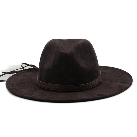 Wide Brim Fedora Hat Suede Felt Sun Protection Western Cowboy Style For Men Women With Braided Leather Band