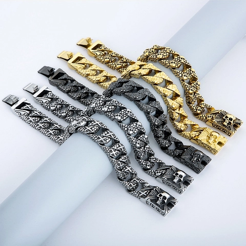 Men Punk Skull Crossbone Bracelet 316L Stainless Steel Snake Scale Link Chain Gothic Rock Biker Heavy Metal Jewelry
