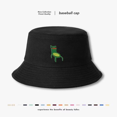 Cotton Bucket Hat Cute Green Frog Cartoon Embroidery Wide Brim Sun Protection Foldable Fisherman Cap Casual Outdoor Travel