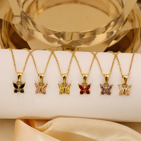 Vintage Titanium Staal Vlinder Hanger Ketting Voor Vrouwen 18K Verguld Gekleurde Zirconia Sleutelbeen Ketting Sieraden Cadeau