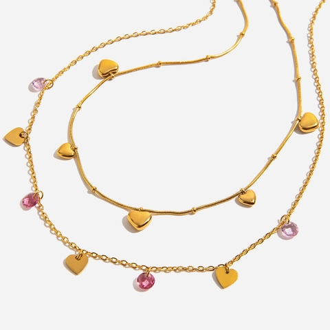 Mehrlagige Herz Anhänger Kette Vergoldeter Edelstahl Mit Rosafarbenen Kristallperlen Vintage Romantischer Schmuck Für Damen