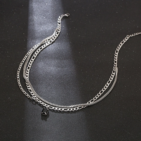 Layered Necklace Titanium Steel With Black Gemstone Mixed Chain Punk Streetwear Jewelry For Men Women