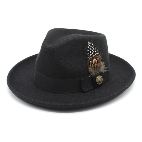 Retro Waterproof Wool Felt Fedora Hat Feather Decoration Metal Badge Wide Brim British Style Western Jazz Hat Unisex
