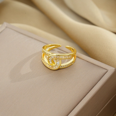 Double Layer Cross Ring Copper With Zircon Adjustable Open Design Light Luxury Fashion Style For Women