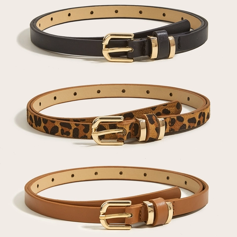 Cintura Sottile Donna Ecopelle Fibbia Ardiglione Lega Retrò Decorazione Versatile Per Abiti Jeans Stampa Leopardata Elegante