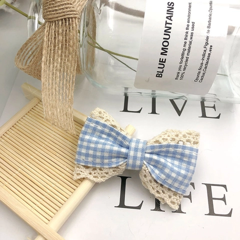 Plaid Bow Hair Clips With Lace Trim Gingham Fabric Bowknot Accessory For Girls Women Korean Style