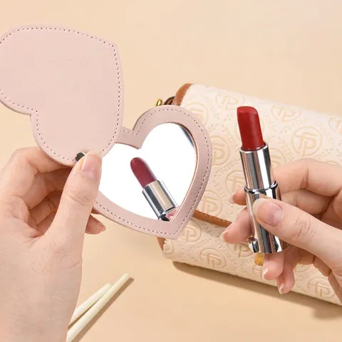Heart Shaped Makeup Mirror PU Leather Folding Portable Rotating Pocket Vanity Mirror For Travel Daily Use Gift