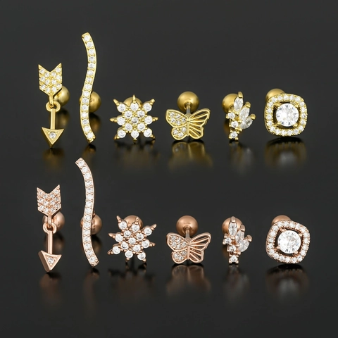 Fashion Copper Zirconia Stud Earrings For Women Butterfly Geometric Cartilage Piercing Jewelry With Stainless Steel Post