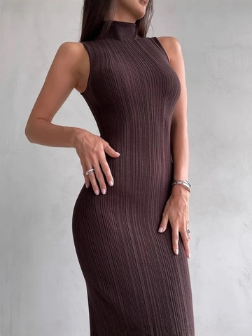 Knitted Sleeveless High Neck Midi Dress Polyester Ribbed Solid Color Slim Fit Bodycon Elegant Commute Long Vest Dress
