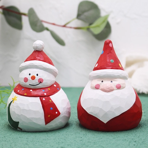 Wooden Christmas Ornaments Hand Carved Santa Claus Snowman Christmas Tree Desktop Figurine Painted Holiday Decor Gift