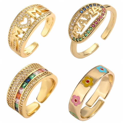 Copper Zircon Adjustable Ring For Women With MAMA MOM Heart Star Flower Colorful Enamel Micro Set Personalized Jewelry