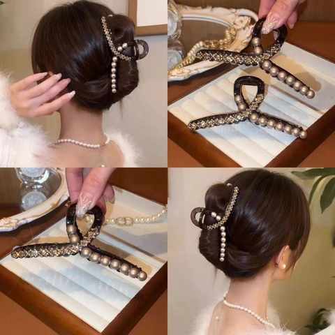 Pinza Para El Pelo Con Perlas Artificiales Y Diamantes De Imitación Clip De Tiburón Elegante Estilo Coreano Accesorios Mujer