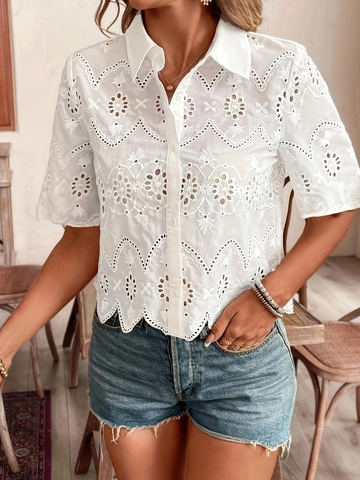 Dames Blouse Met Eyelet Borduursel Geschulpte Zoom Korte Mouwen Knoopsluiting Reverskraag Polyester Casual Chique Shirt