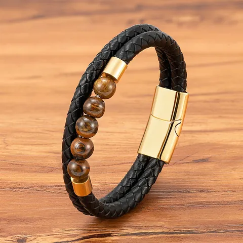 Bracciale In Pelle Intrecciata Da Uomo Perline Occhio Di Tigre Pietra Lavica Naturale Chiusura Magnetica Acciaio Inossidabile