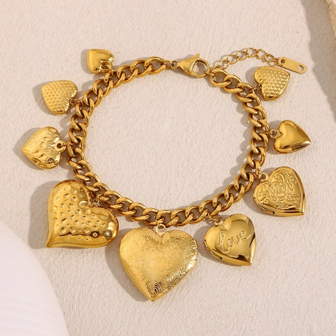Pulsera De Amuletos De Corazón De Acero Inoxidable Chapado En Oro De 18K Cadena De Eslabones Pesados Joyería Retro