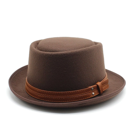 Vintage Wollen Vilt Pork Pie Hoed Retro Britse Stijl Boater Jazz Pet Met Leren Band En Klinknagels Voor Dames Heren