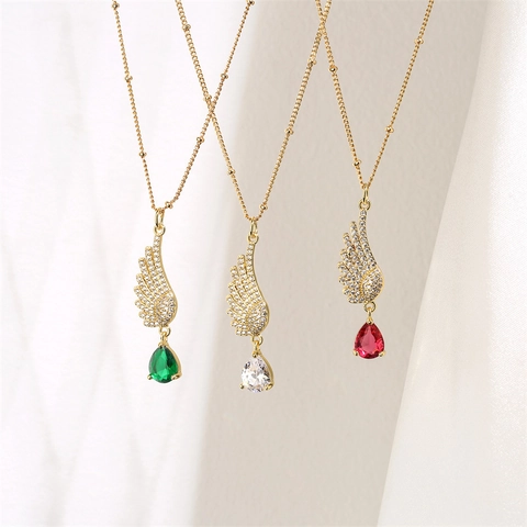 Angel Wing Heart Water Drop Pendant Necklace Copper Micro Zircon Colorful Gemstone Dainty Jewelry For Women
