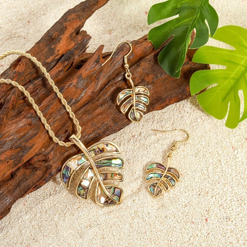 Tropical Monstera Leaf Jewelry Set For Women Copper Abalone Shell Inlay Necklace Earrings Set Hawaii Beach Vacation Jewelry