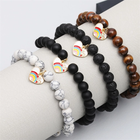 Natural Stone Beaded Bracelet With Rainbow Enamel Heart Charm Volcanic Tiger Eye Unisex Elastic Jewelry